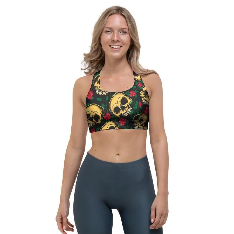 Mexican Rose Skull Sports Bra Soft Cotton Bra