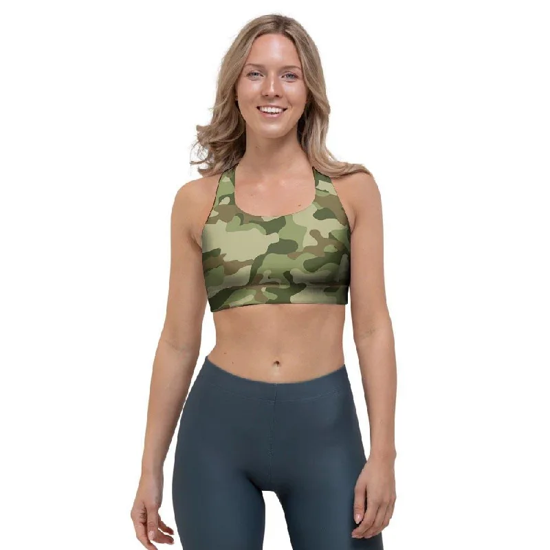 Military Green Camo Print Sports Bra Fashionable Push-Up Bra