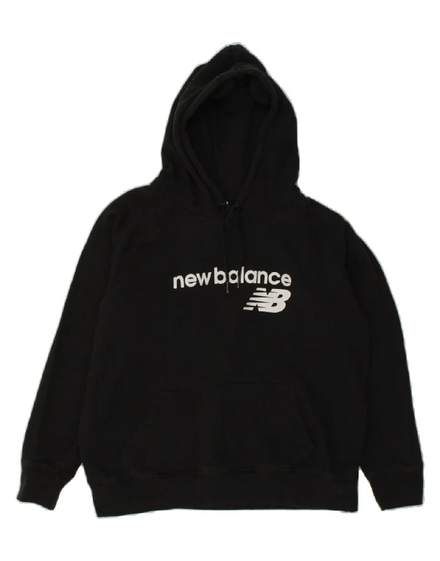 NEW BALANCE Womens Graphic Hoodie Jumper UK 16 Large Black Cotton Hoodie with Reflective Safety Nightwear