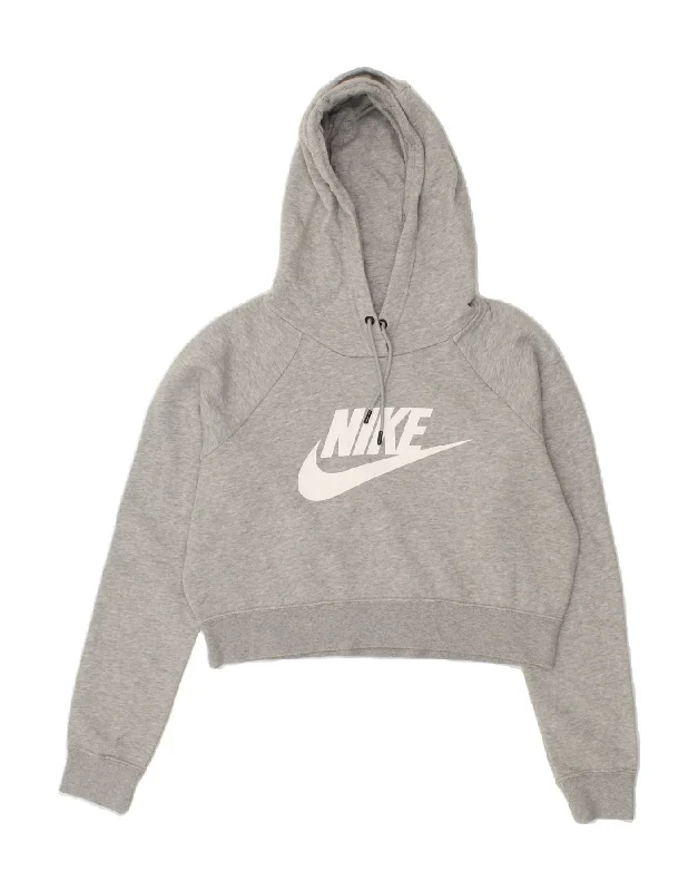 NIKE Womens Crop Graphic Hoodie Jumper UK 10 Small Grey Cotton Hoodie with Elastic Cuffs Stretchable Comfortable