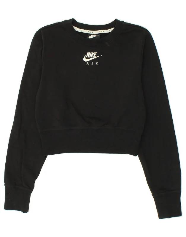 NIKE Womens Graphic Crop Sweatshirt Jumper UK 6 XS Black Cotton Hoodie with Belted Waist Structured Tailored