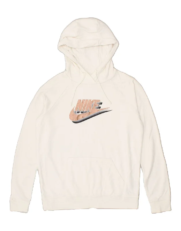 NIKE Womens Graphic Hoodie Jumper UK 10 Small Off White Cotton Hoodie with Oversized Fit Loose Comfortable