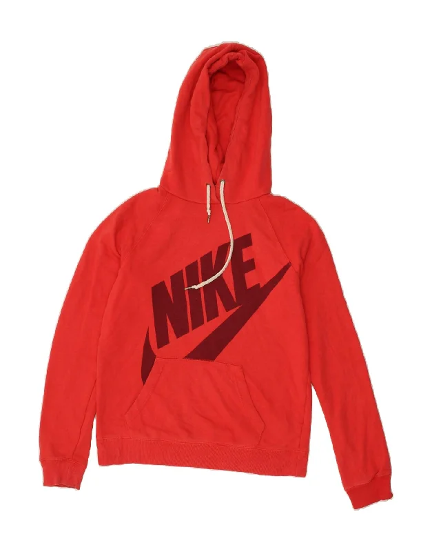 NIKE Womens Graphic Hoodie Jumper UK 10 Small Red Cotton Hoodie with Metallic Shiny Futuristic