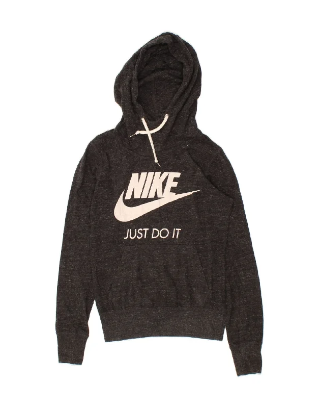 NIKE Womens Graphic Hoodie Jumper UK 6 XS Grey Flecked Cotton Hoodie with Hem Detail Decorative Unique