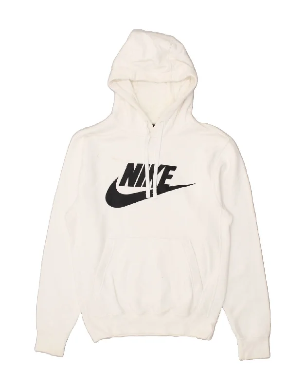 NIKE Womens Graphic Hoodie Jumper UK 6 XS White Cotton Hoodie with Drop Shoulder Relaxed Streetwear