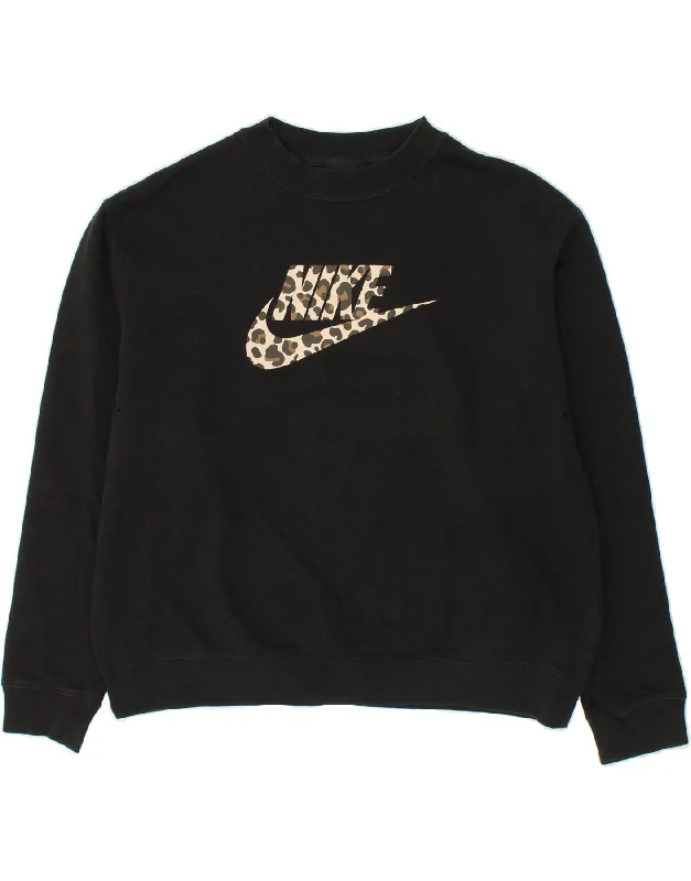 NIKE Womens Graphic Sweatshirt Jumper UK 10 Small Black Cotton Hoodie with Button Placket Classic Preppy