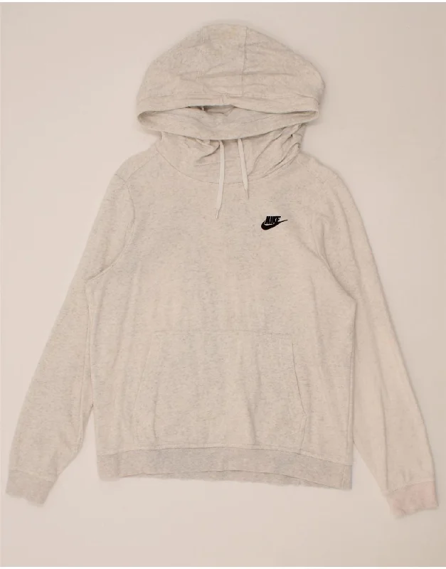 NIKE Womens Hoodie Jumper UK 14 Medium Beige Flecked Cotton Hoodie with Logo Branding Identity