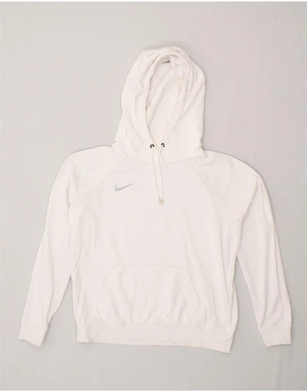 NIKE Womens Hoodie Jumper UK 14 Medium White Cotton Hoodie with Exposed Zipper Edgy Industrial