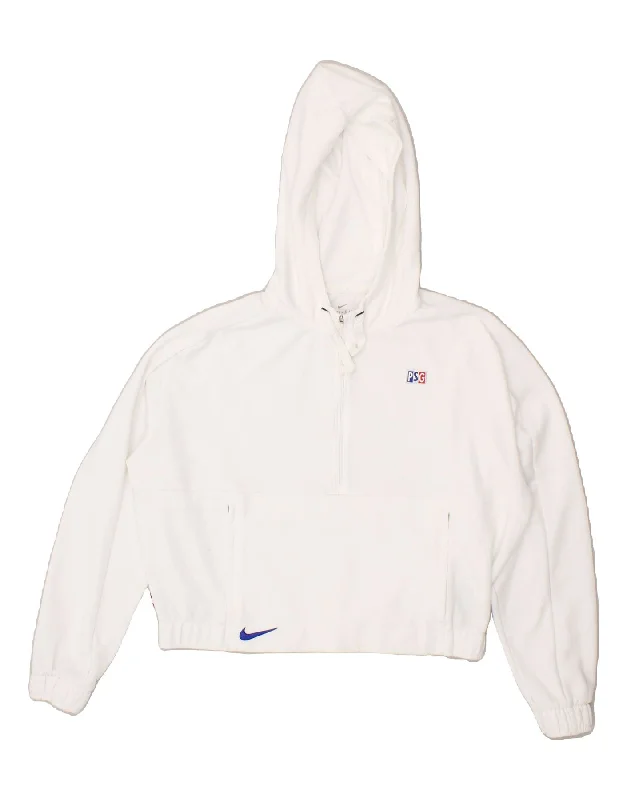 NIKE Womens Oversized Crop Zip Neck Hoodie Jumper UK 14 Medium White Hoodie with Hem Frayed Vintage Worn