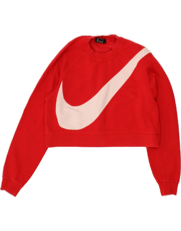 NIKE Womens Oversized Graphic Crop Sweatshirt Jumper UK 10 Small Red Hoodie with Toggle Buttons Decorative Unique