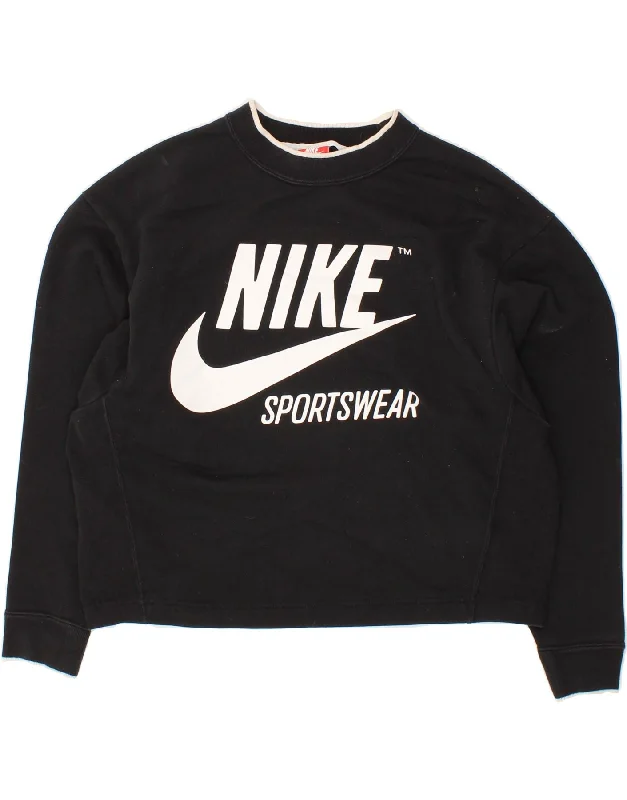 NIKE Womens Oversized Graphic Sweatshirt Jumper UK 10 Small Black Cotton Hoodie with Monochrome Minimalist Simple