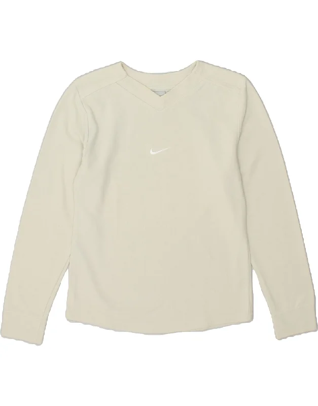 NIKE Womens Sweatshirt Jumper UK 10/12 Medium Off White Cotton Hoodie with Button Placket Classic Preppy