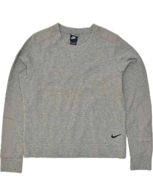 NIKE Womens Sweatshirt Jumper UK 14 Large Grey Cotton Hoodie with Hem Drawcord Adjustable Customizable