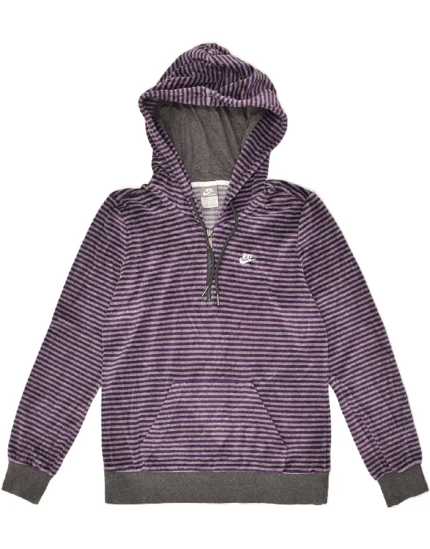 NIKE Womens Zip Neck Hoodie Jumper UK 16/18 Large Purple Striped Cotton Hoodie with Zipper Placket Modern Functional