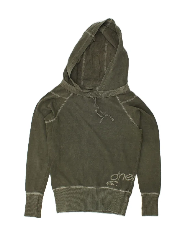 O'NEILL Womens Graphic Hoodie Jumper UK 6 XS Khaki Zip Hoodie Drawstring Kangaroo Pocket