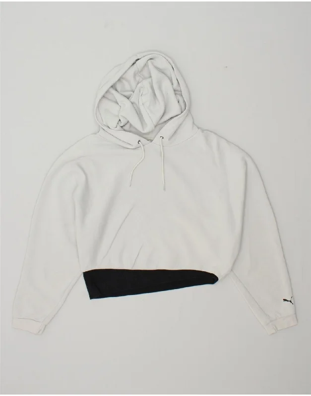 PUMA Womens Crop Hoodie Jumper UK 14 Large White Colourblock Cotton Hoodie with Crew Neck Simple Timeless