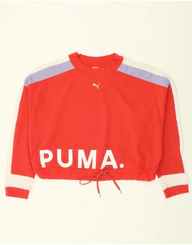 PUMA Womens Graphic Crop Sweatshirt Jumper UK 18 XL Red Colourblock Hoodie with Ribbed Neckline Snug Warm