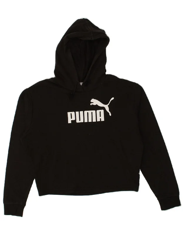 PUMA Womens Graphic Hoodie Jumper UK 10 Small Black Cotton Hoodie with Full-Zip Functional Layering