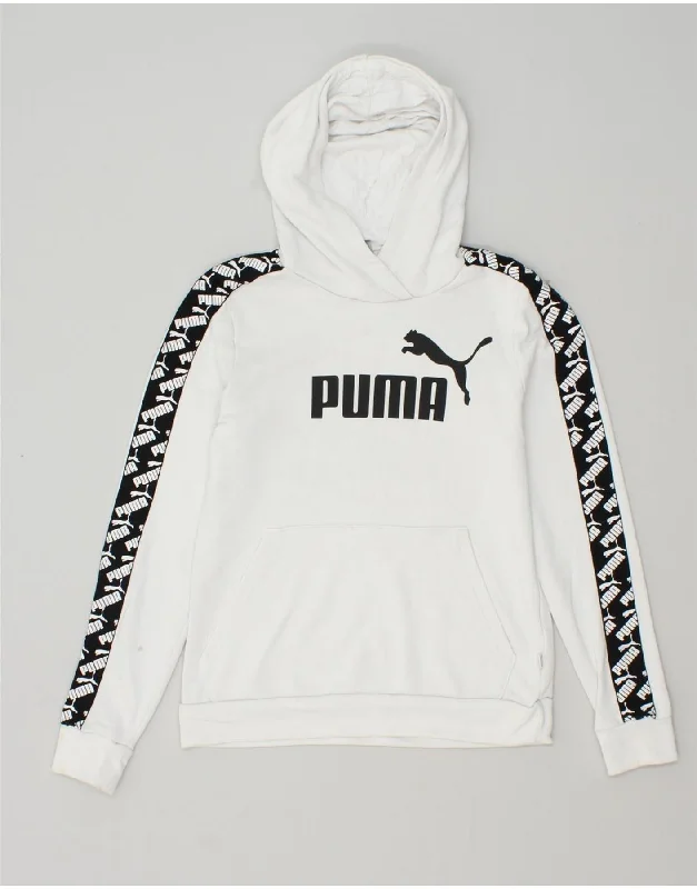 PUMA Womens Graphic Hoodie Jumper UK 10 Small White Cotton Hoodie with Side Slits Relaxed Casual