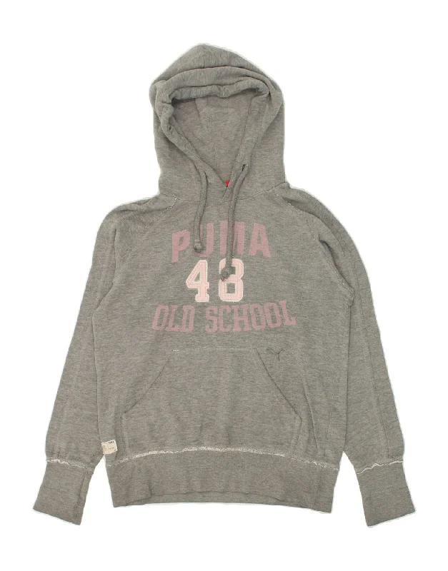 PUMA Womens Graphic Hoodie Jumper UK 12 Medium  Grey Cotton Hoodie with Turtle Neck Cozy Winter