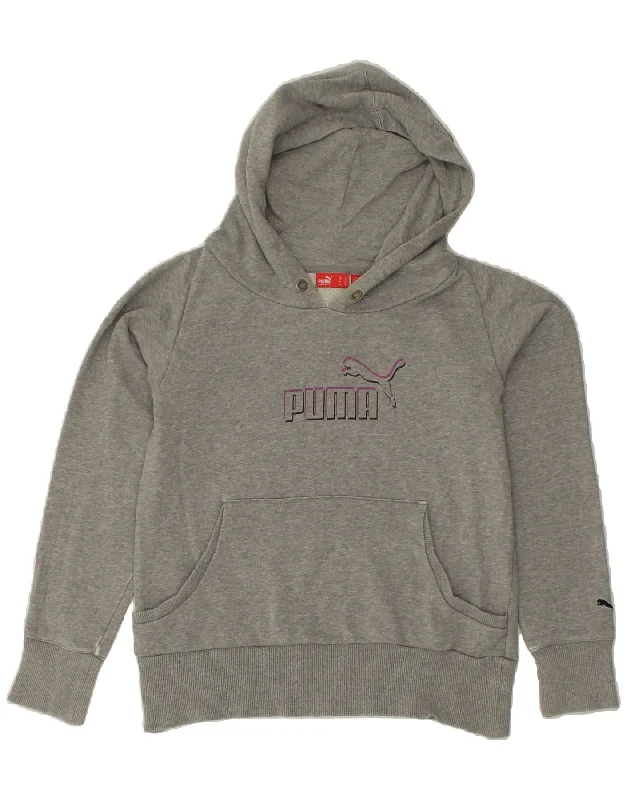 PUMA Womens Graphic Hoodie Jumper UK 12 Medium Grey Cotton Hoodie with Drawstring Waist Adjustable Fitted