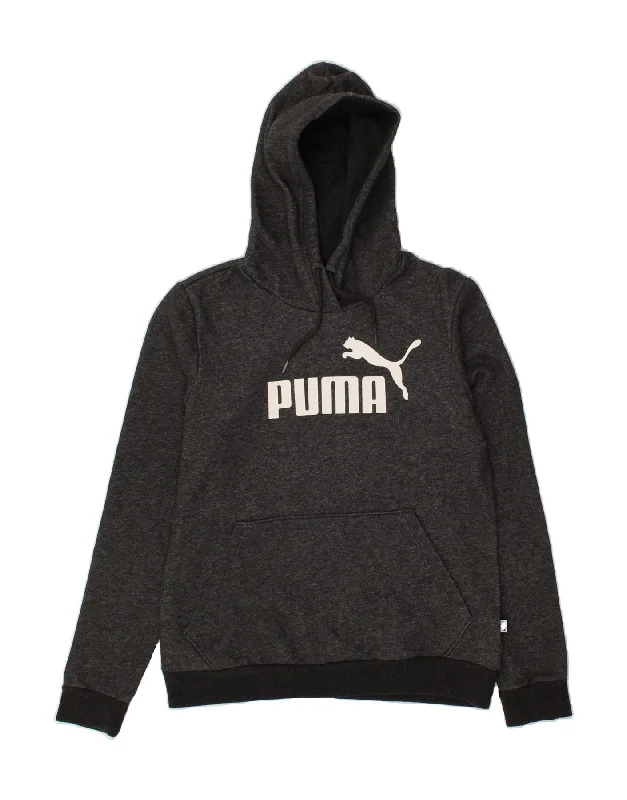 PUMA Womens Graphic Hoodie Jumper UK 12 Medium Grey Flecked Cotton Hoodie with Puffed Sleeves Voluminous Trendy