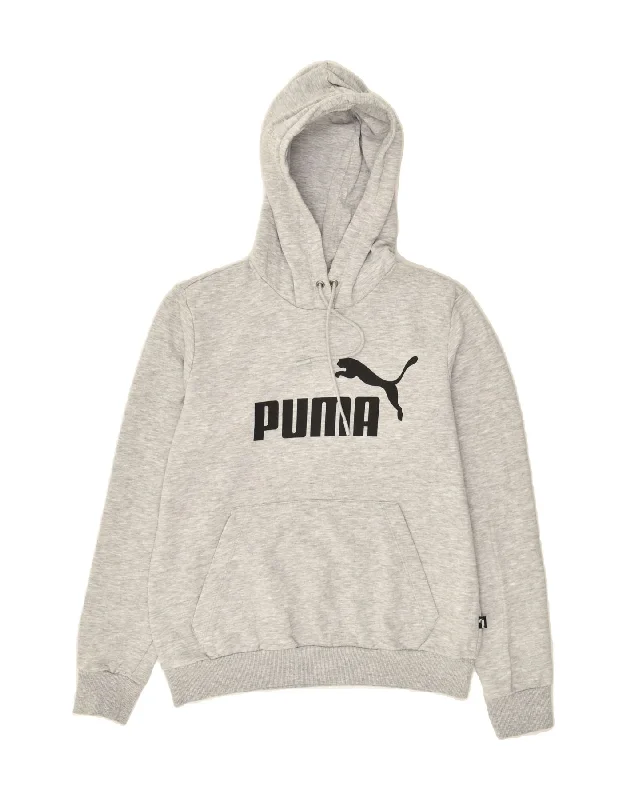 PUMA Womens Graphic Hoodie Jumper UK 14 Large Grey Flecked Cotton Hoodie with Pattern Geometric Abstract