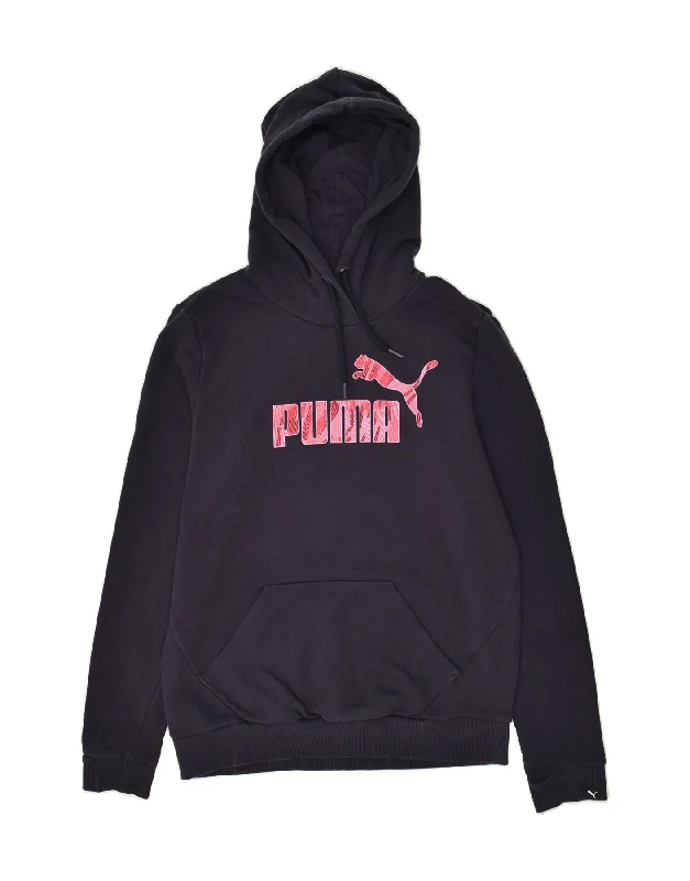 PUMA Womens Graphic Hoodie Jumper UK 14 Large Navy Blue Cotton Hoodie with Typography Text Message