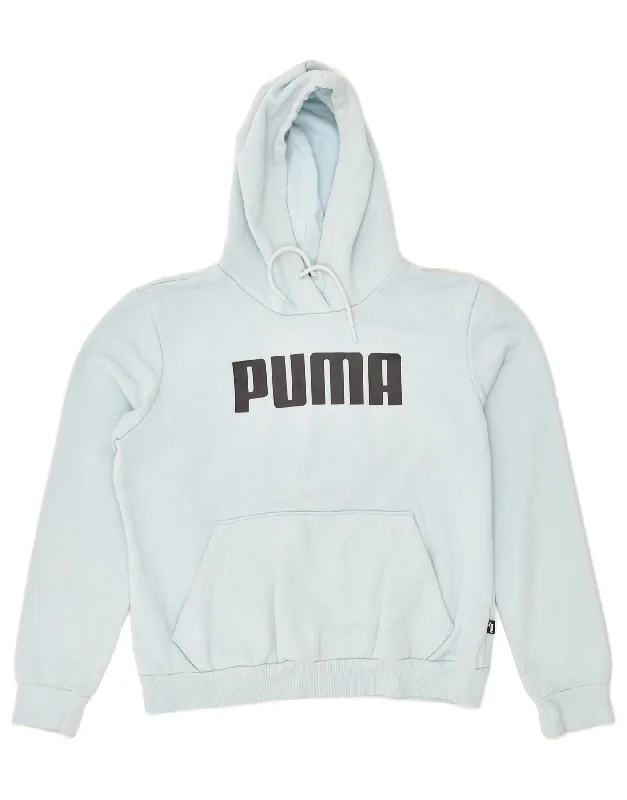 PUMA Womens Graphic Hoodie Jumper UK 14 Medium Blue Cotton Hoodie with Slit Hem Functional Movement