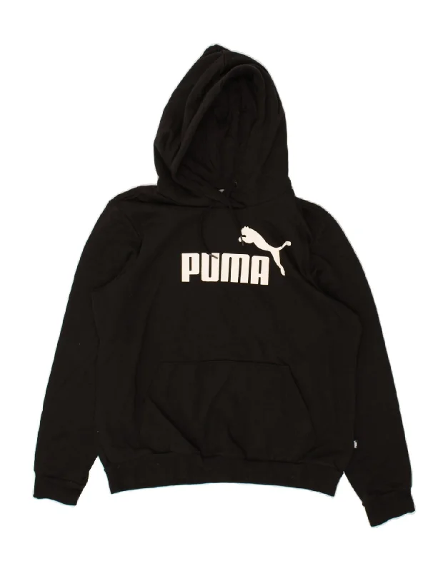 PUMA Womens Graphic Hoodie Jumper UK 16 Large Black Cotton Hoodie with Metallic Shiny Futuristic