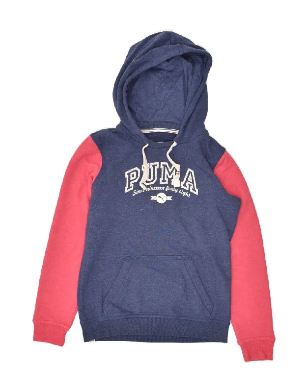 PUMA Womens Graphic Hoodie Jumper UK 8 Small Navy Blue Colourblock Hoodie with Neon Bright Vibrant