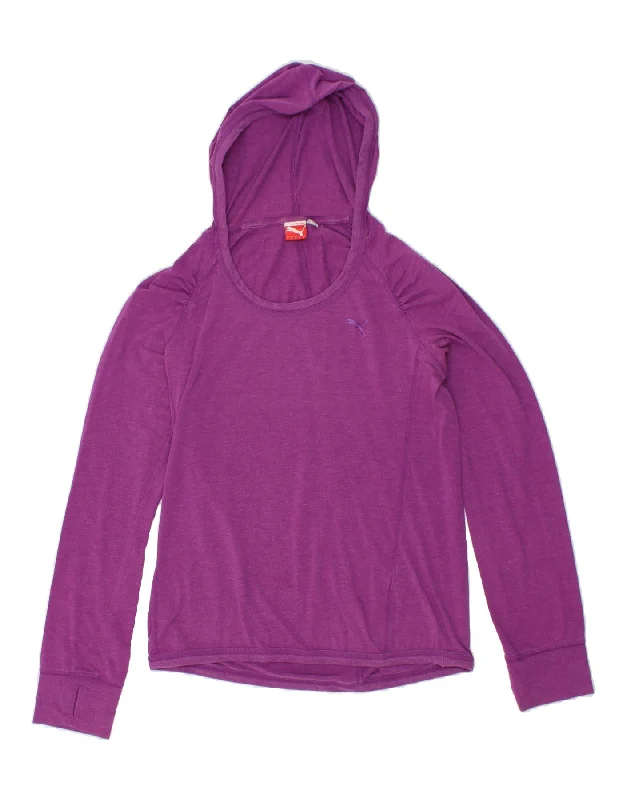 PUMA Womens Hoodie Jumper UK 12 Medium Purple Cotton Hoodie with Hem Detail Decorative Unique