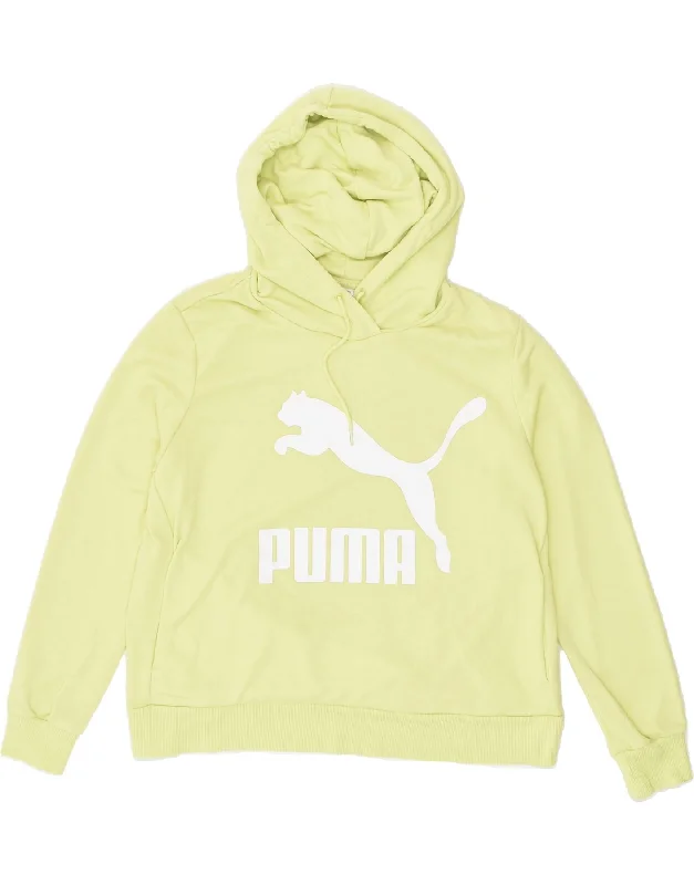 PUMA Womens Loose Fit Graphic Hoodie Jumper UK 16 Large Yellow Cotton Hoodie with High-Low Hem Asymmetrical Trendy