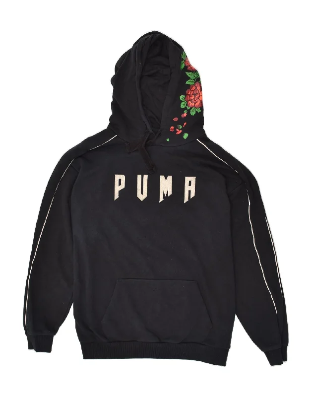 PUMA Womens Oversized Graphic Hoodie Jumper UK 10 Small Black Floral Hoodie with Velcro Closure Adjustable Secure