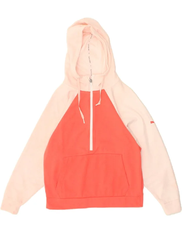 PUMA Womens Zip Neck Hoodie Jumper UK 14 Medium Pink Colourblock Cotton Hoodie with Hood Adjustable Protection