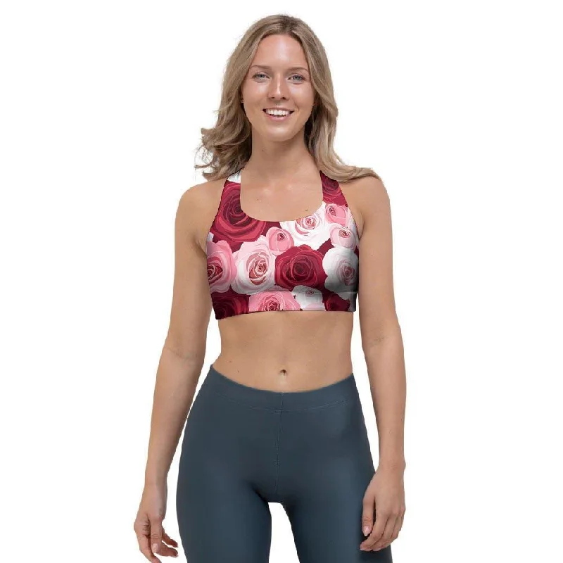 Red And Pink Rose Floral Sports Bra Lace-Trimmed Bra