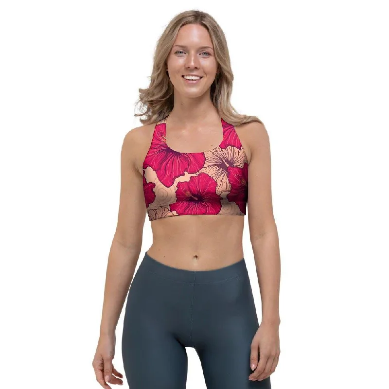 Red Hibiscus Flower Print Sports Bra Breathable Comfort Bra