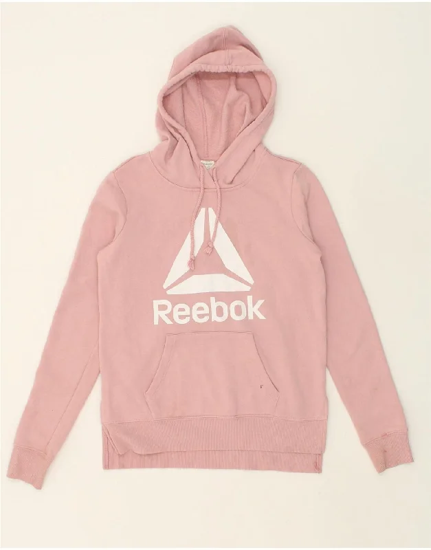 REEBOK Womens Graphic Hoodie Jumper UK 6 XS Pink Cotton Hoodie with Bell Sleeves Flared Feminine