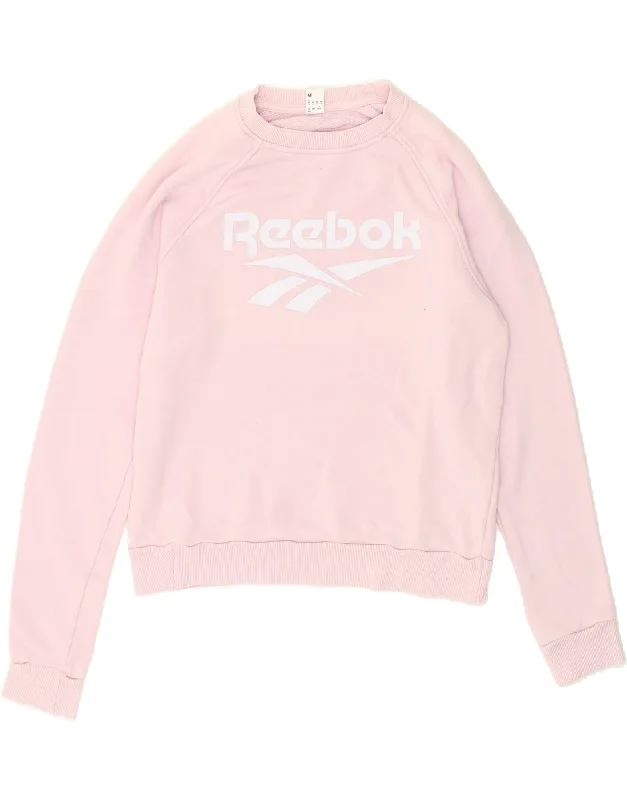 REEBOK Womens Graphic Sweatshirt Jumper UK 14 Medium Pink Cotton Hoodie with Ribbed Neckline Snug Warm