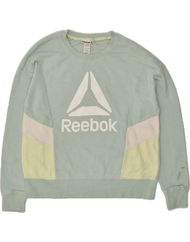 REEBOK Womens Graphic Sweatshirt Jumper UK 16 Large Green Colourblock Cotton Hoodie Fleece Lining Warmth