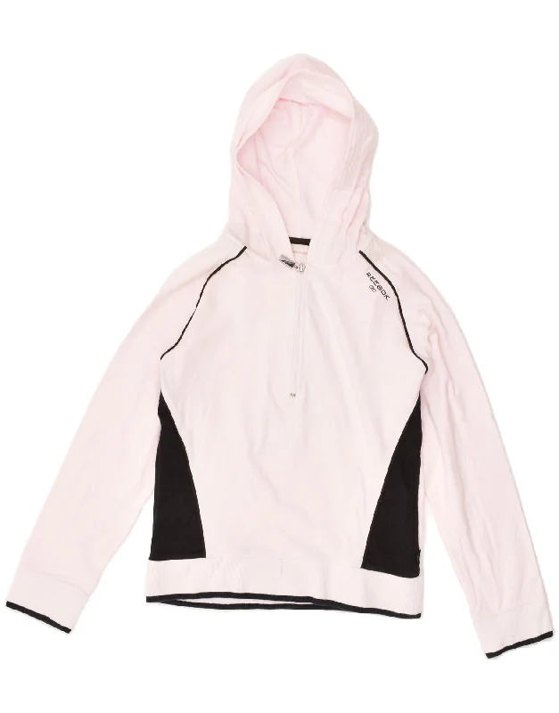 REEBOK Womens Hoodie Jumper UK 12 Medium Pink Cotton Hoodie with Stripes Bold Sporty