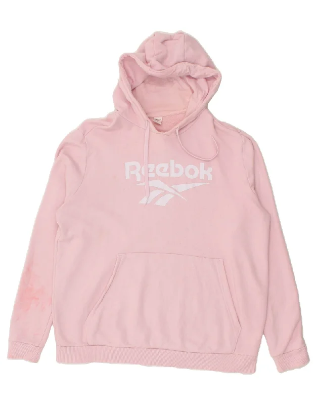 REEBOK Womens Oversized Graphic Hoodie Jumper UK 18 XL Pink Cotton Hoodie with Hem Applique Textured Unique