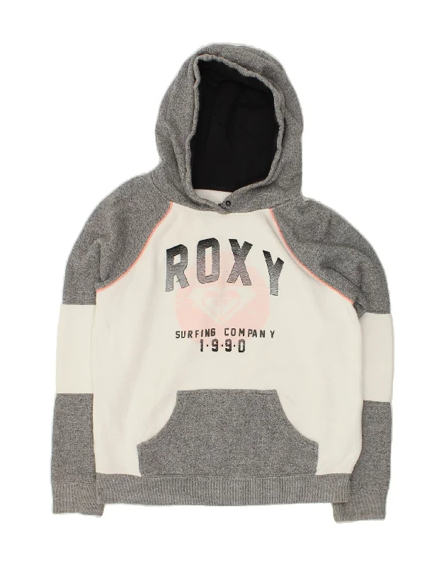 ROXY Womens Graphic Hoodie Jumper UK 14 Medium Grey Colourblock Cotton Hoodie with Velcro Closure Adjustable Secure