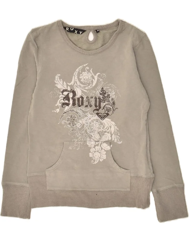 ROXY Womens Graphic Sweatshirt Jumper UK 12 Medium Grey Floral Cotton Hoodie with Thumb Holes Functional Cozy