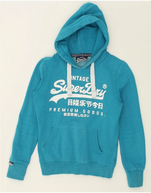 SUPERDRY Womens Graphic Hoodie Jumper UK 10 Small Blue Cotton Hoodie with Back Slit Movement Comfort