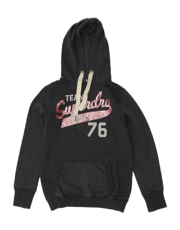 SUPERDRY Womens Graphic Hoodie Jumper UK 14 Medium Black Cotton Hoodie with Color Block Contrast Stylish