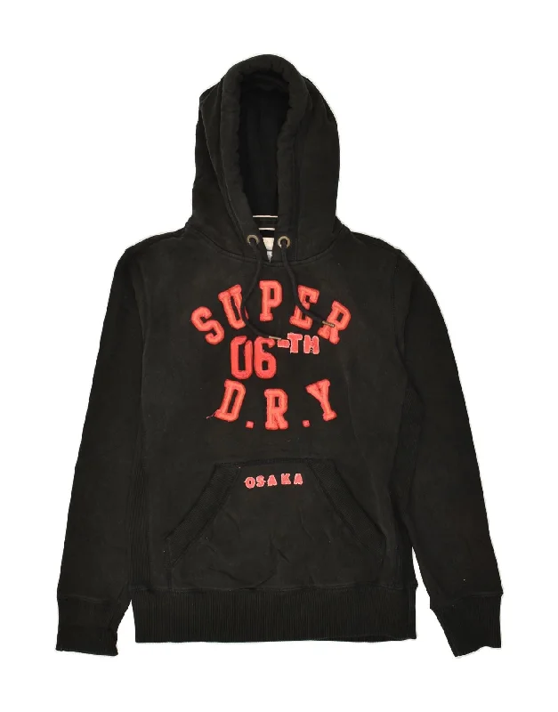 SUPERDRY Womens Graphic Hoodie Jumper UK 14 Medium Black Cotton Hoodie with Half-Zip Sporty Casual