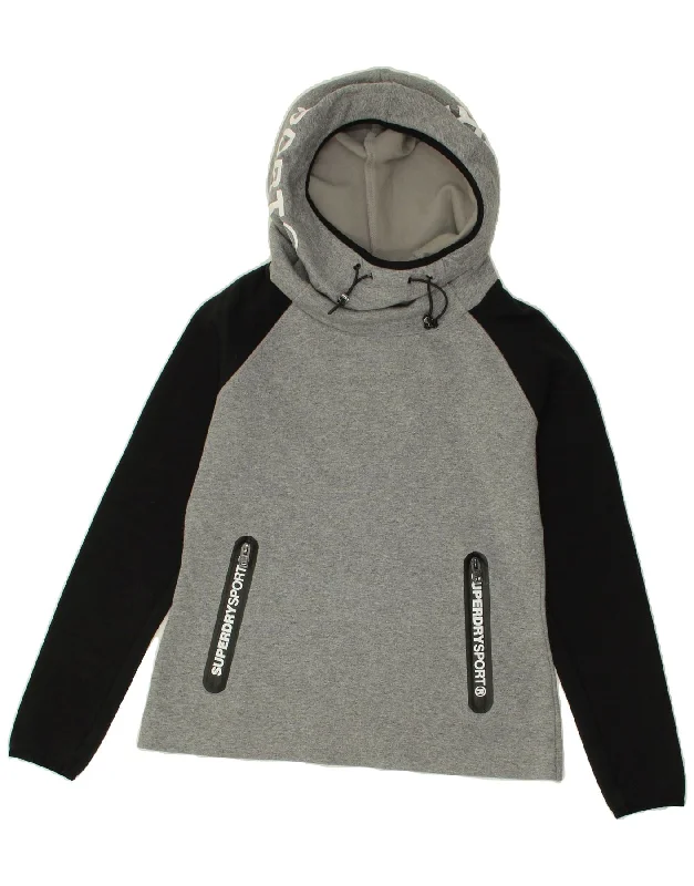 SUPERDRY Womens Graphic Hoodie Jumper UK 14 Medium Grey Colourblock Cotton Hoodie with Emblem Brand Identity