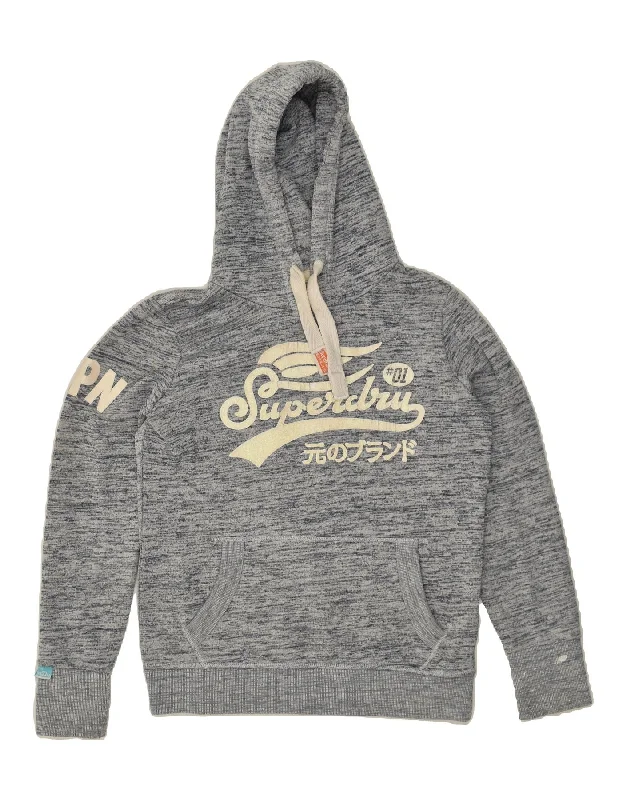 SUPERDRY Womens Graphic Hoodie Jumper UK 16 Large Grey Flecked Cotton Hoodie with Hem Elastic Stretchable Comfortable