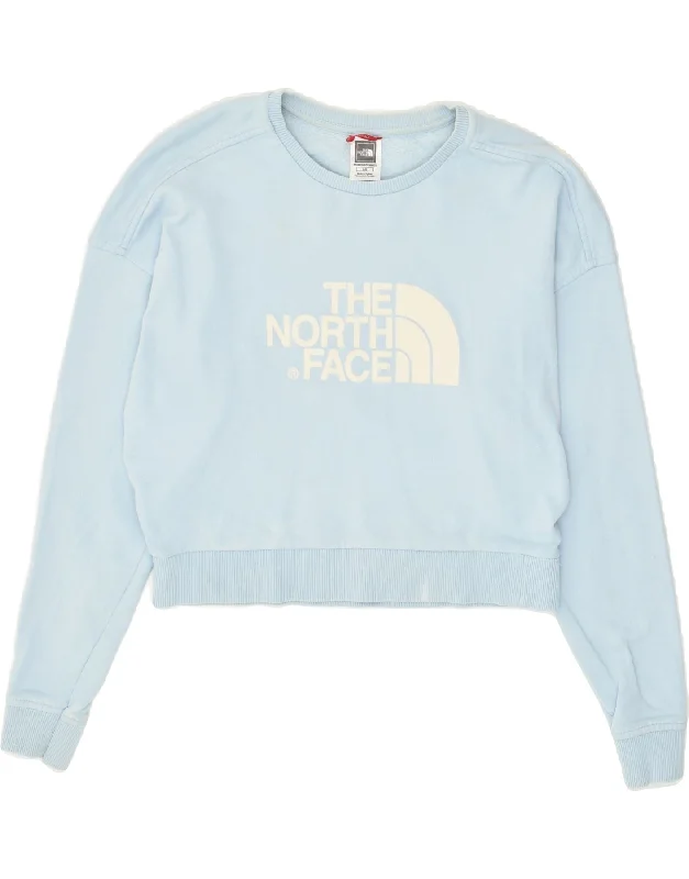 THE NORTH FACE Womens Crop Graphic Sweatshirt Jumper UK 14 Large Blue Hoodie with Drawstring Waist Adjustable Fitted